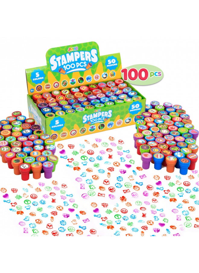 100 Pcs Assorted Stamps for Kids Self-ink Stamps (50 DIFFERENT Designs, Plastic Stamps, Emoji Stampers, Dinosaur Stampers, Zoo Safari Stampers) for Party Favor, Carnival Prizes, School Teacher Stamps, Easter Egg Stuffers, Halloween, Christmas