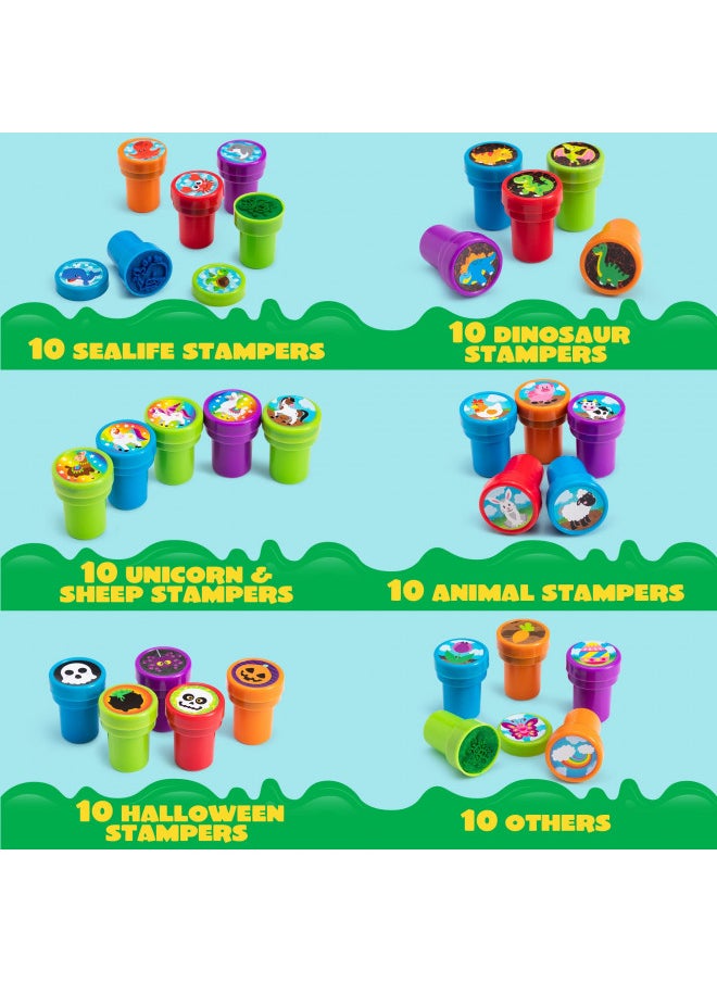 100 Pcs Assorted Stamps for Kids Self-ink Stamps (50 DIFFERENT Designs, Plastic Stamps, Emoji Stampers, Dinosaur Stampers, Zoo Safari Stampers) for Party Favor, Carnival Prizes, School Teacher Stamps, Easter Egg Stuffers, Halloween, Christmas