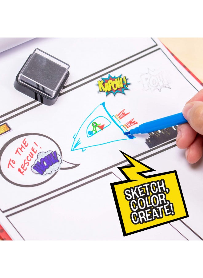 Made By Me Make Your Own Comic Book Storytelling Kit for Kids, 15-Page, Hardcover, How-to Draw Instructional Guide, Comic Inspired Stickers & Stamp, Holographic Stickers, 5 Vibrant Markers