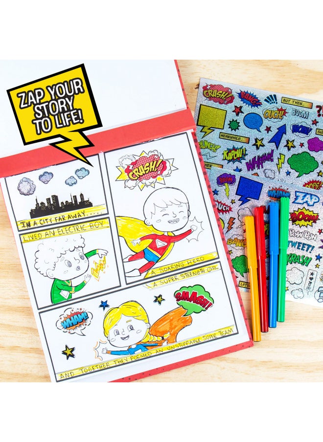 Made By Me Make Your Own Comic Book Storytelling Kit for Kids, 15-Page, Hardcover, How-to Draw Instructional Guide, Comic Inspired Stickers & Stamp, Holographic Stickers, 5 Vibrant Markers