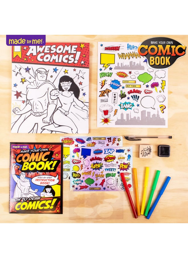 Made By Me Make Your Own Comic Book Storytelling Kit for Kids, 15-Page, Hardcover, How-to Draw Instructional Guide, Comic Inspired Stickers & Stamp, Holographic Stickers, 5 Vibrant Markers