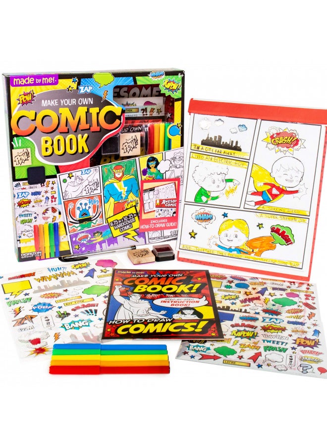 Made By Me Make Your Own Comic Book Storytelling Kit for Kids, 15-Page, Hardcover, How-to Draw Instructional Guide, Comic Inspired Stickers & Stamp, Holographic Stickers, 5 Vibrant Markers