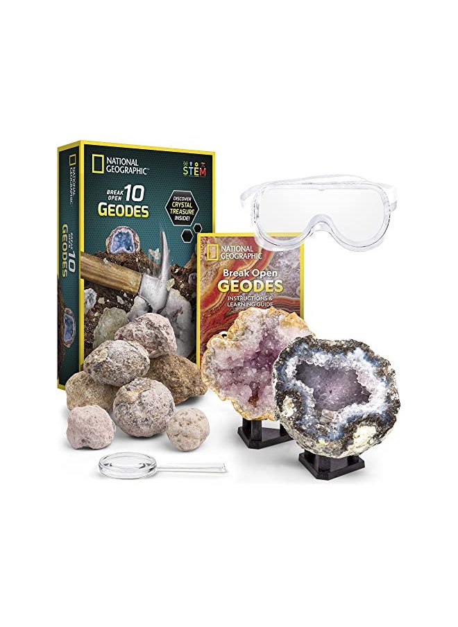 NATIONAL GEOGRAPHIC Break Open 10 Premium Geodes - Includes Goggles and Display Stands - Great STEM Science Kit, Geology Gift for Kids, Geodes Rocks Break Your Own, Toys for Boys and Girls