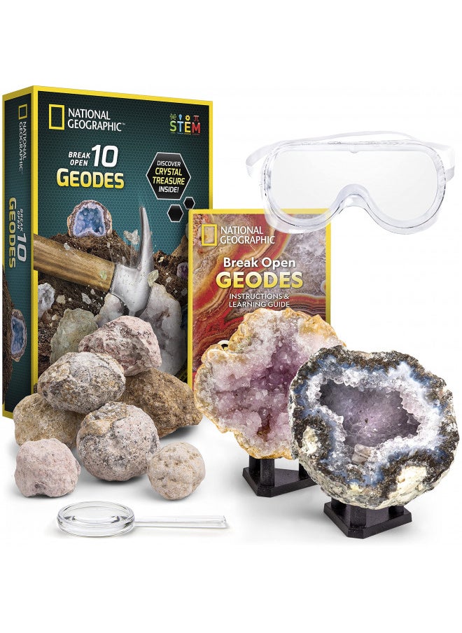 NATIONAL GEOGRAPHIC Break Open 10 Premium Geodes - Includes Goggles and Display Stands - Great STEM Science Kit, Geology Gift for Kids, Geodes Rocks Break Your Own, Toys for Boys and Girls