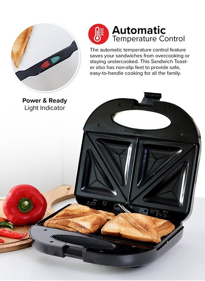 2-Slice Sandwich Maker Toaster, 750W, Non-Stick Coating, Overheat Protection, Ideal for Toast & Sandwiches, Black