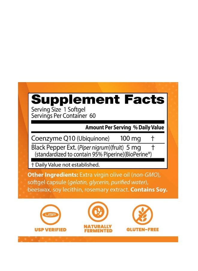 High Absorption Coq10 With Bioperine, Gluten Free Naturally Fermented, 100 Mg, 60 Softgels