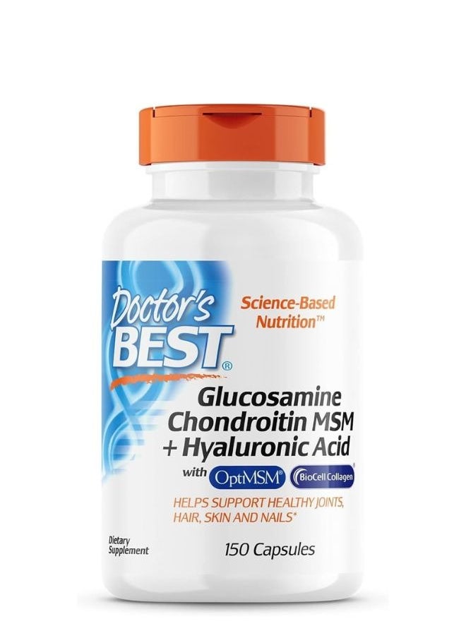 Glucosamine Chondroitin MSM + Hyaluronic Acid with OptiMSM Featuring Biocell Collagen, Gluten & Soy Free, 150 Caps