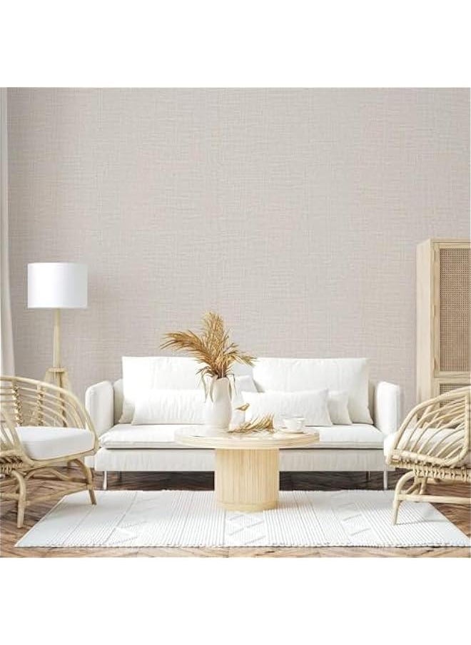 Cream Linen Wallpaper (15.8 in X 118 in) PVC Self-Adhesive Peel and Stick DIY Wallpaper Faux Imitation Cloth Vinyl Film Wall Paper Solid Color Decorate Furniture Bedroom