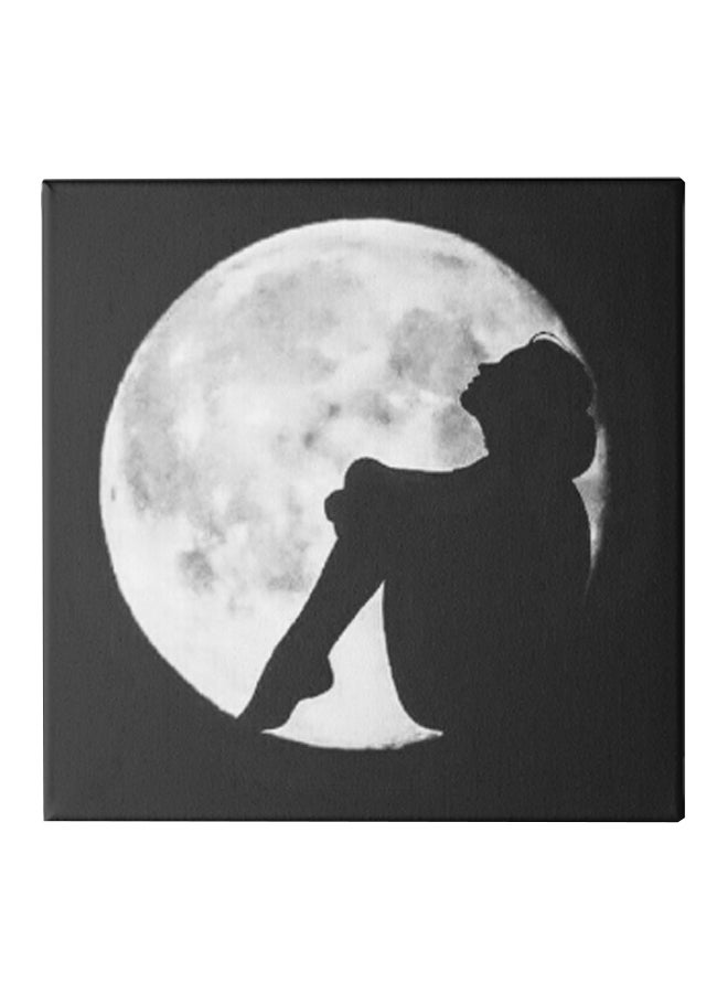 Girl And Moon Theme Canvas Wall Painting With Hidden Frame White/Black 30 x 30cm