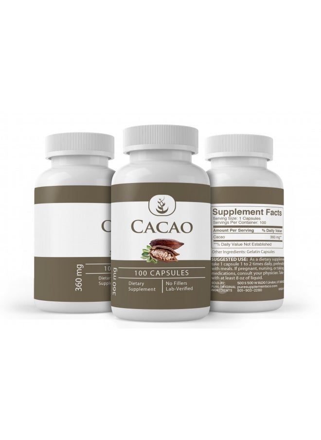 Pure Original Ingredients Cacao, (100 Capsules) Always Pure, No Additives Or Fillers, Lab Verified