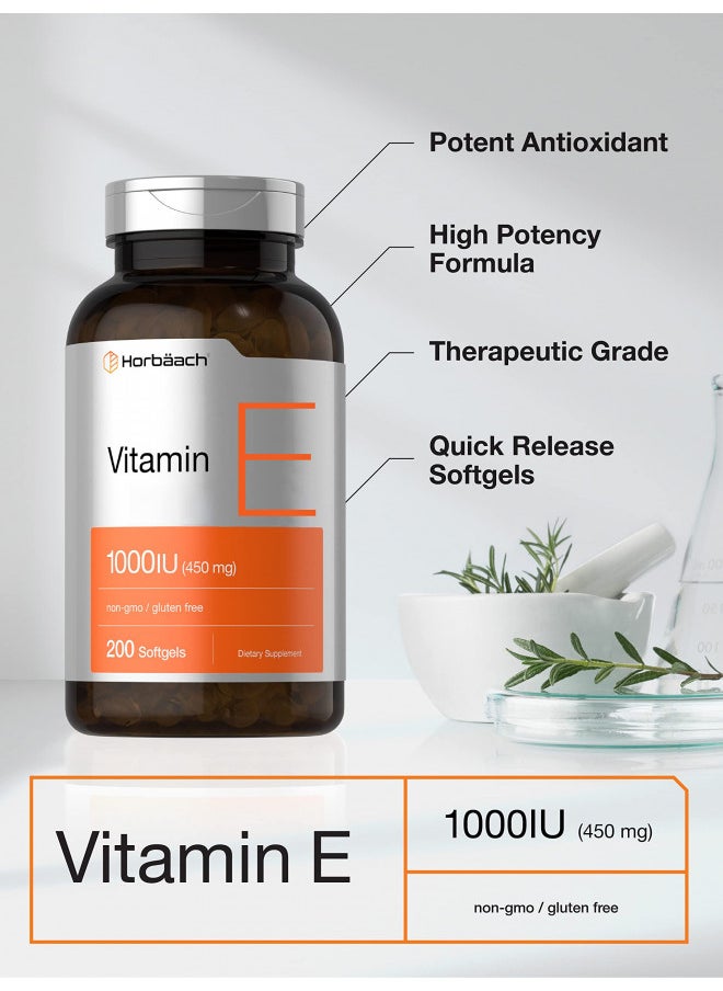 Vitamin E 1000 IU Softgel Capsules | 200 Count | Non-GMO, Gluten Free, Preservative Free | Vitamin E Oil | by Horbaach