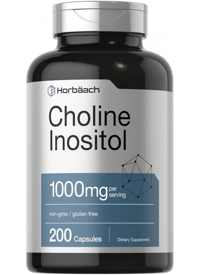 Choline Inositol 1000mg Supplement | 200 Capsules | Non-GMO, Gluten Free | by Horbaach