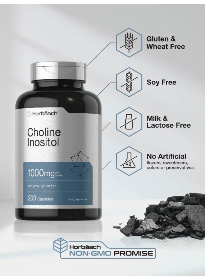 Choline Inositol 1000mg Supplement | 200 Capsules | Non-GMO, Gluten Free | by Horbaach