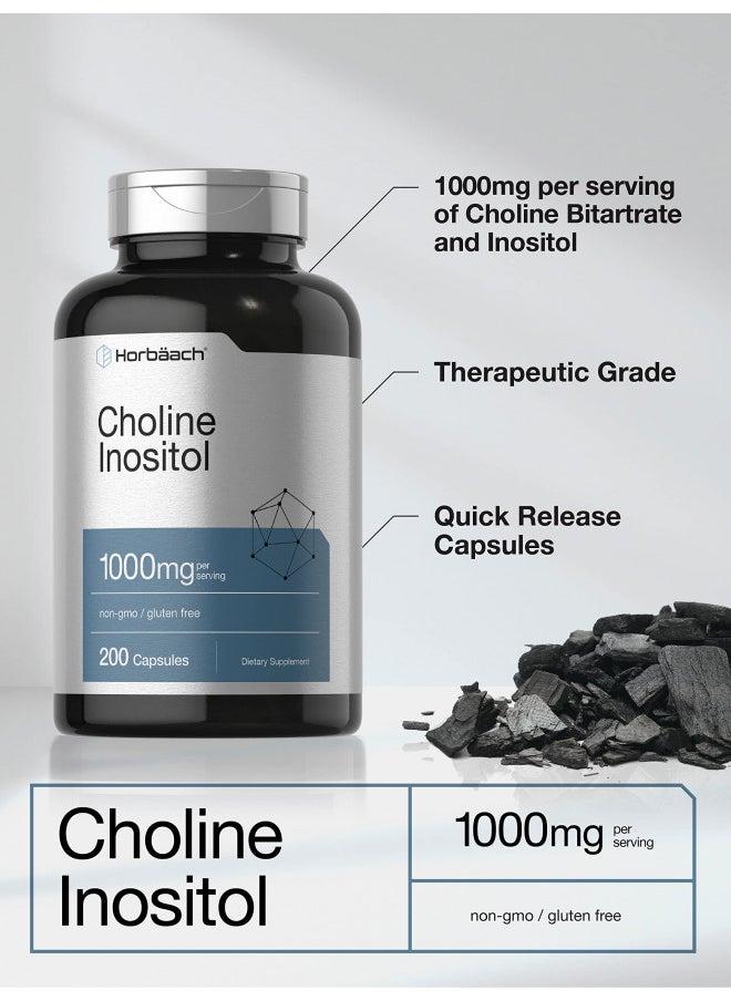 Choline Inositol 1000mg Supplement | 200 Capsules | Non-GMO, Gluten Free | by Horbaach