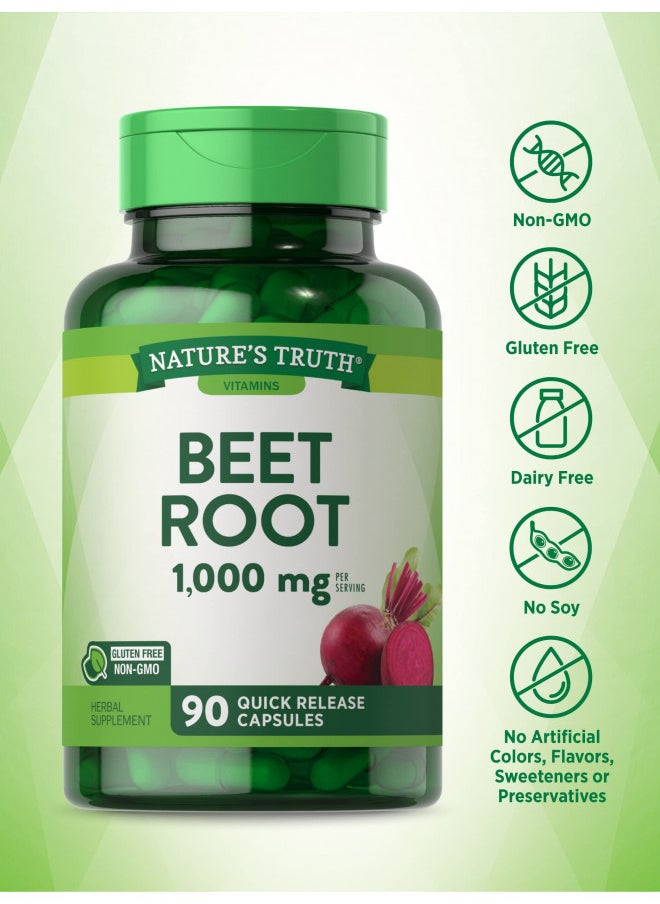 Nature's Truth Beet Root Capsules | 1000mg | 90 Pills | Herbal Extract | Gluten Free, Non-GMO Supplement, 90 Count