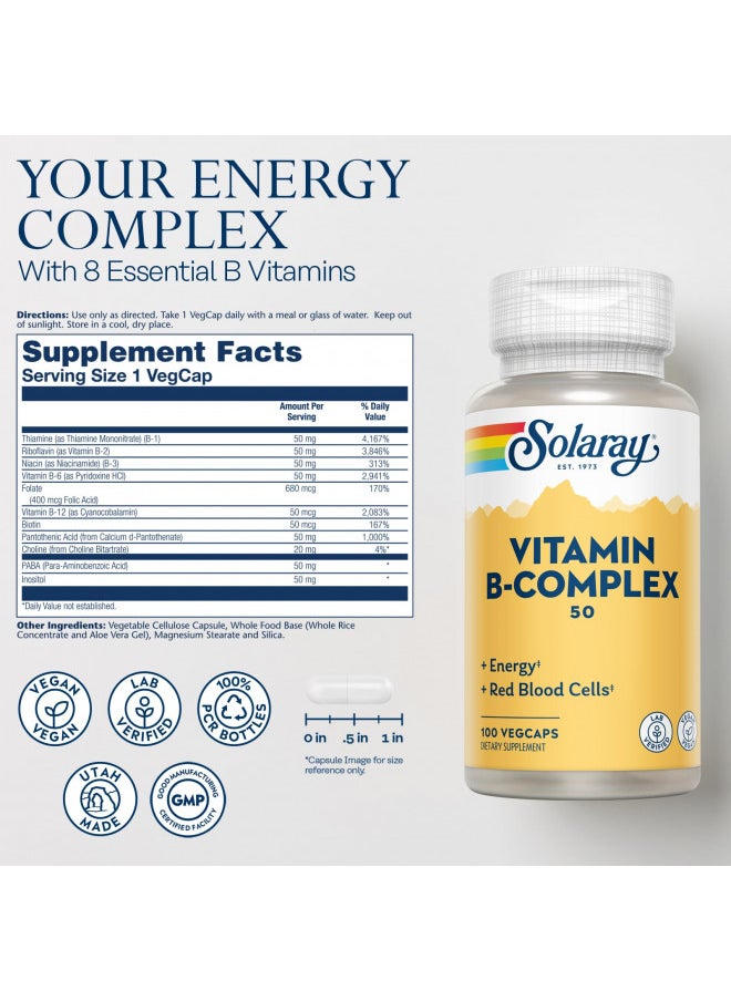 Solaray Vitamin B Complex 50mg - Healthy Energy Supplement - Red Blood Cell Formation, Nerve and Immune Support - Super B Complex Vitamins w/Folic Acid, Vitamin B12, B6 and More, Vegan, 100 VegCaps