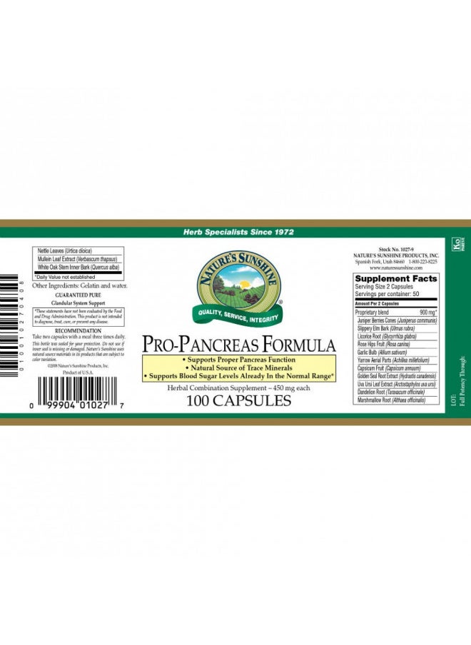 Nature's Sunshine Pro-Pancreas, 100 Capsules, Kosher | Herbal Formula Enhances Digestion, Promotes Immunity, and Helps the Liver and Pancreas
