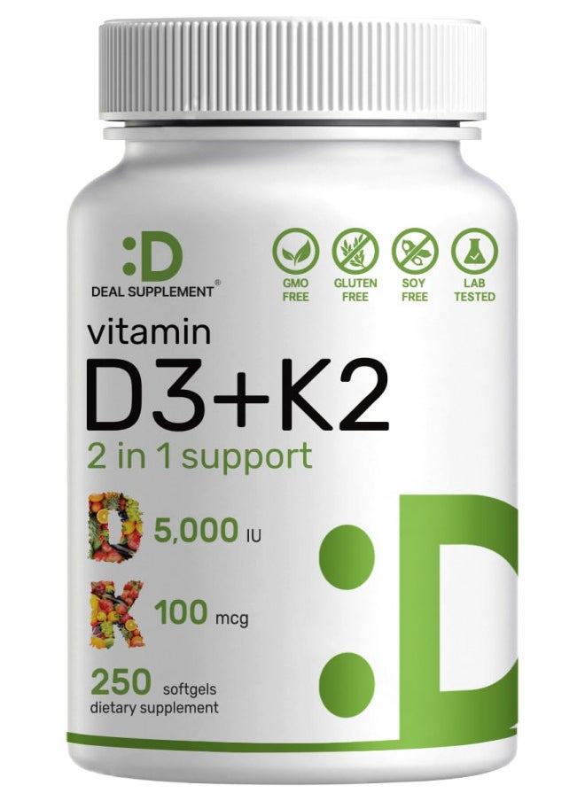 DEAL SUPPLEMENT Vitamin D3 K2 Softgel, 180 Counts, 2-1 Complex, Vitamin D3 5000 IU & Vitamin K2 MK7, Promotes Heart, Bone & Teeth Health - Very Easy to Swallow