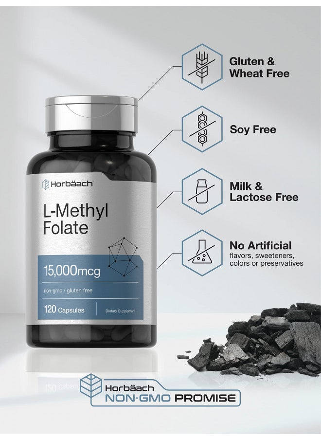 L Methylfolate 15000 mcg | 120 Capsules | 15mg Methyl Folate | 5-MTHF | Non-GMO, Gluten Free Supplement | by Horbaach