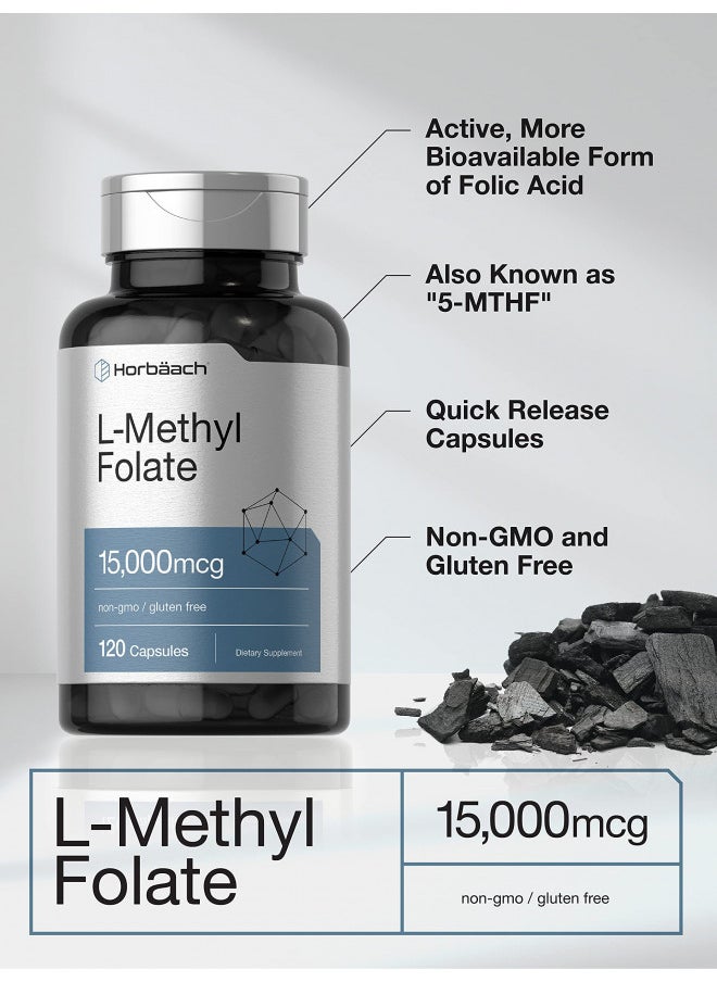 L Methylfolate 15000 mcg | 120 Capsules | 15mg Methyl Folate | 5-MTHF | Non-GMO, Gluten Free Supplement | by Horbaach