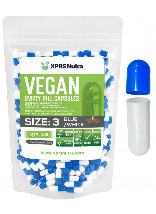 XPRS Nutra Size 3 Empty Capsules - 100 Count Empty Vegan Capsules - Vegetarian Empty Pill Capsules - DIY Vegetable Capsule Filling - Veggie Pill Capsules Empty Caps (Blue/White)