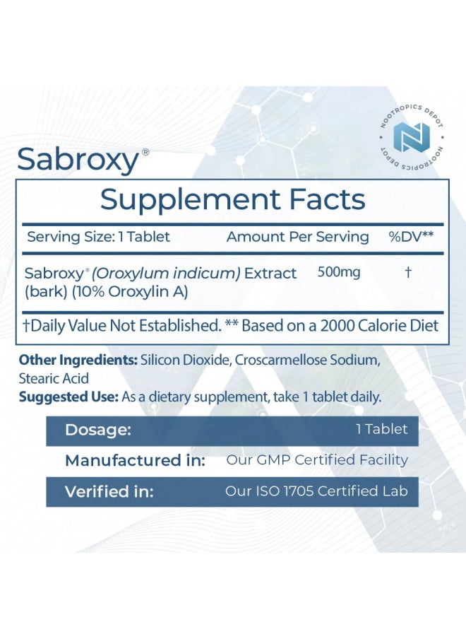 Nootropics Depot Sabroxy® Tablets | 500mg | 30 Count | Minimum 10% Oroxylin-A | Oroxylum indicum | May Help Promote Focus & Motivation | May Help Promote Cognitive Function