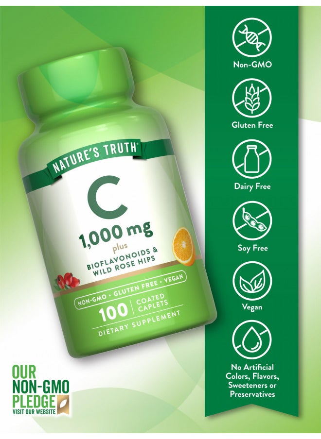 Vitamin C Bioflavonoids & Rose Hips | 1000mg | 100 Caplets | Vegetarian, Non-GMO, Gluten Free | by Nature's Truth