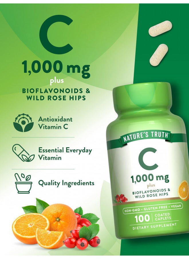 Vitamin C Bioflavonoids & Rose Hips | 1000mg | 100 Caplets | Vegetarian, Non-GMO, Gluten Free | by Nature's Truth