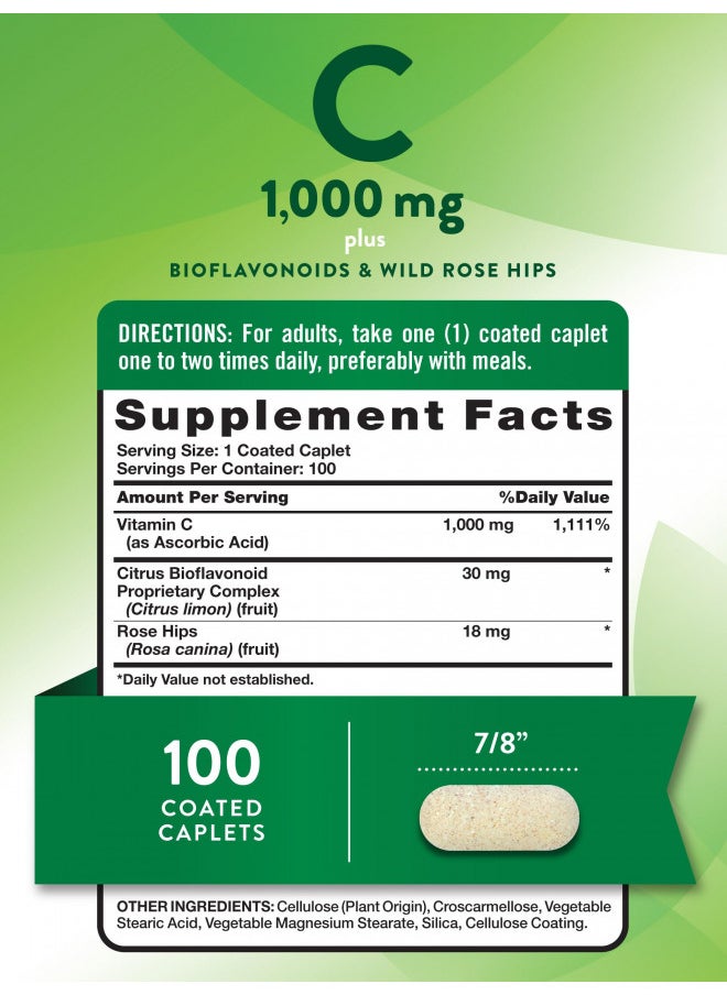 Vitamin C Bioflavonoids & Rose Hips | 1000mg | 100 Caplets | Vegetarian, Non-GMO, Gluten Free | by Nature's Truth