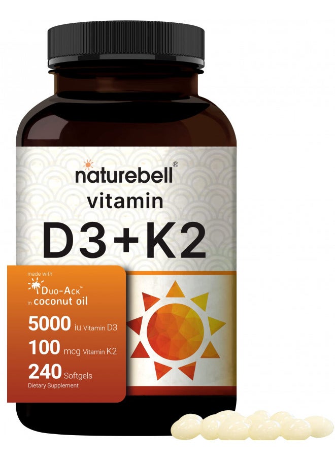 NatureBell Vitamin D3 K2 (MK7) with Virgin Coconut Oil, 240 Softgels, 5000 IU & K2 MK7 100mcg, 2 in 1 Support, Duo-Ack | 8 Months Supply | Third Party Tested, Non GMO & No Gluten