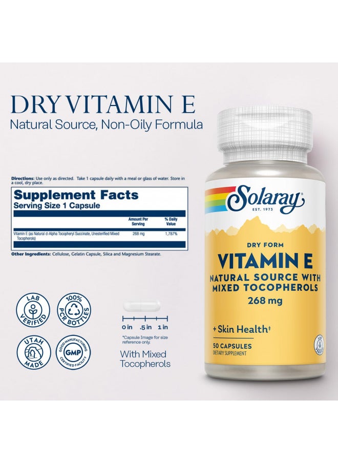 SOLARAY Vitamin E, Dry 400 IU w/Mixed Tocopherols | Non-Oily | Healthy Cardiac Function, Antioxidant Activity & Skin Health Support | 50 Capsules