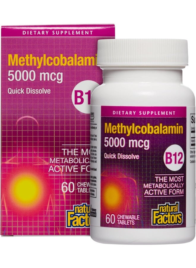 Natural Factors, Vitamin B12 Methylcobalamin 5000 mcg, Chewable Support for Energy and Immune Health, Vegetarian, 60 tablets (60 servings)