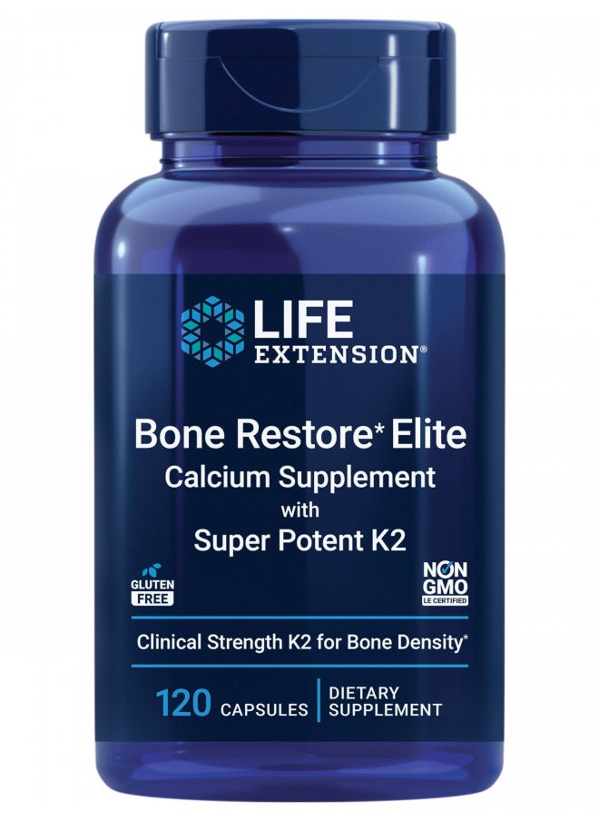 Life Extension Bone Restore Elite with Super Potent K2 - Clinically Studied Vitamin K2 & Calcium Promotes Healthy Bone Mineral Density, Bone-Friendly Formula - Non-GMO, Gluten-Free - 120 Capsules