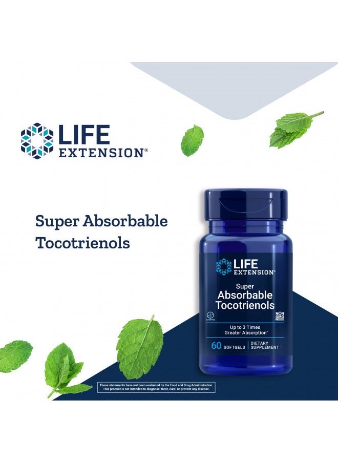 Life Extension Super Absorbable Tocotrienols Vitamin E D-alpha tocopherol Supplement For Healthy Brain, Hair, Skin, Eye and Immune System Gluten-Free, Non-GMO 60 Softgels