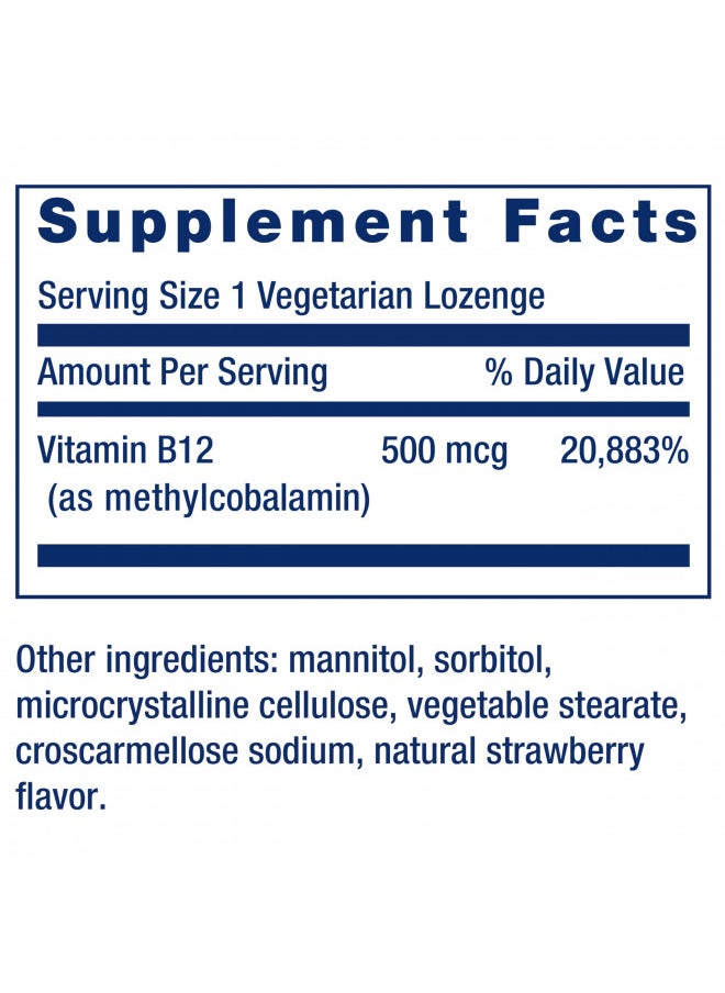 Life Extension Vitamin B12 Methylcobalamin 500mcg - Vitamin B12 Supplement For General Energy and Brain Health - Sugar Free Vegetarian Lozenges Dissolve in Your Mouth - Once Daily - 100 Count