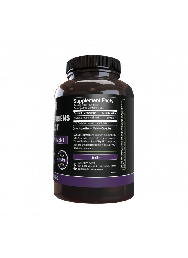 Pure Original Ingredients Mucuna Pruriens (365 Capsules) No Magnesium Or Rice Fillers, Always Pure, Lab Verified