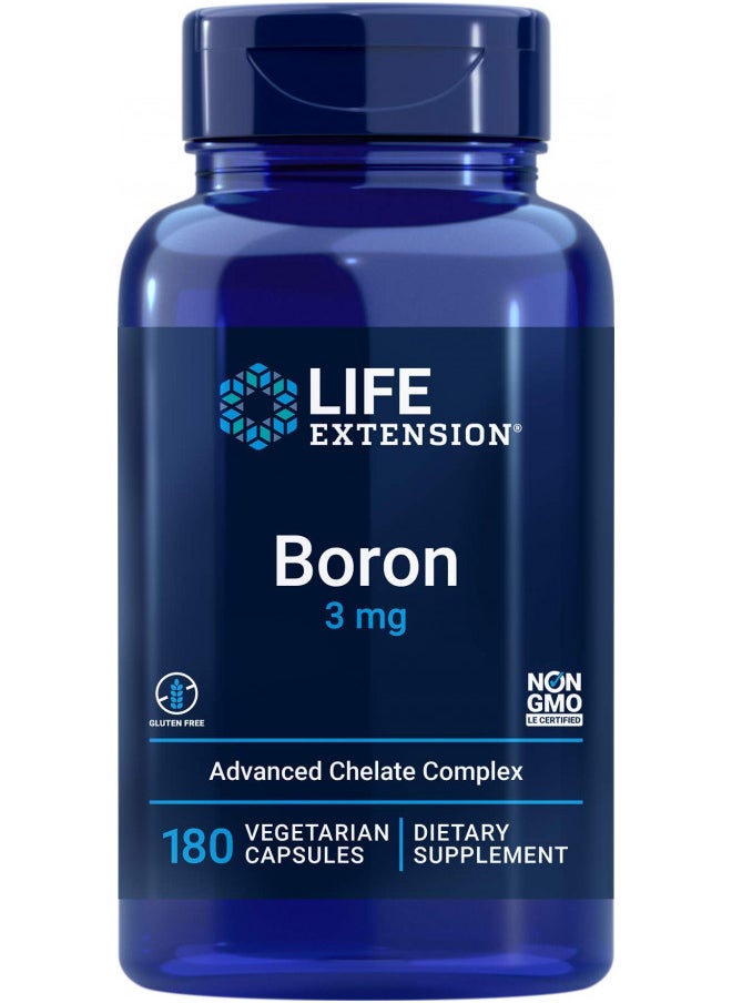 Life Extension Boron 3mg 180 Veg Caps - Triple Boron Complex with Boron Citrate, Glycinate, Aspartate - 3 mg Capsules - Enhanced with Vitamin B2