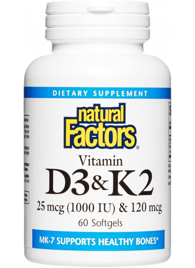 Natural Factors, Vitamin D3 & K2 1000 IU and 120 mcg, Supports Bone and Vascular Health, 60 Softgels