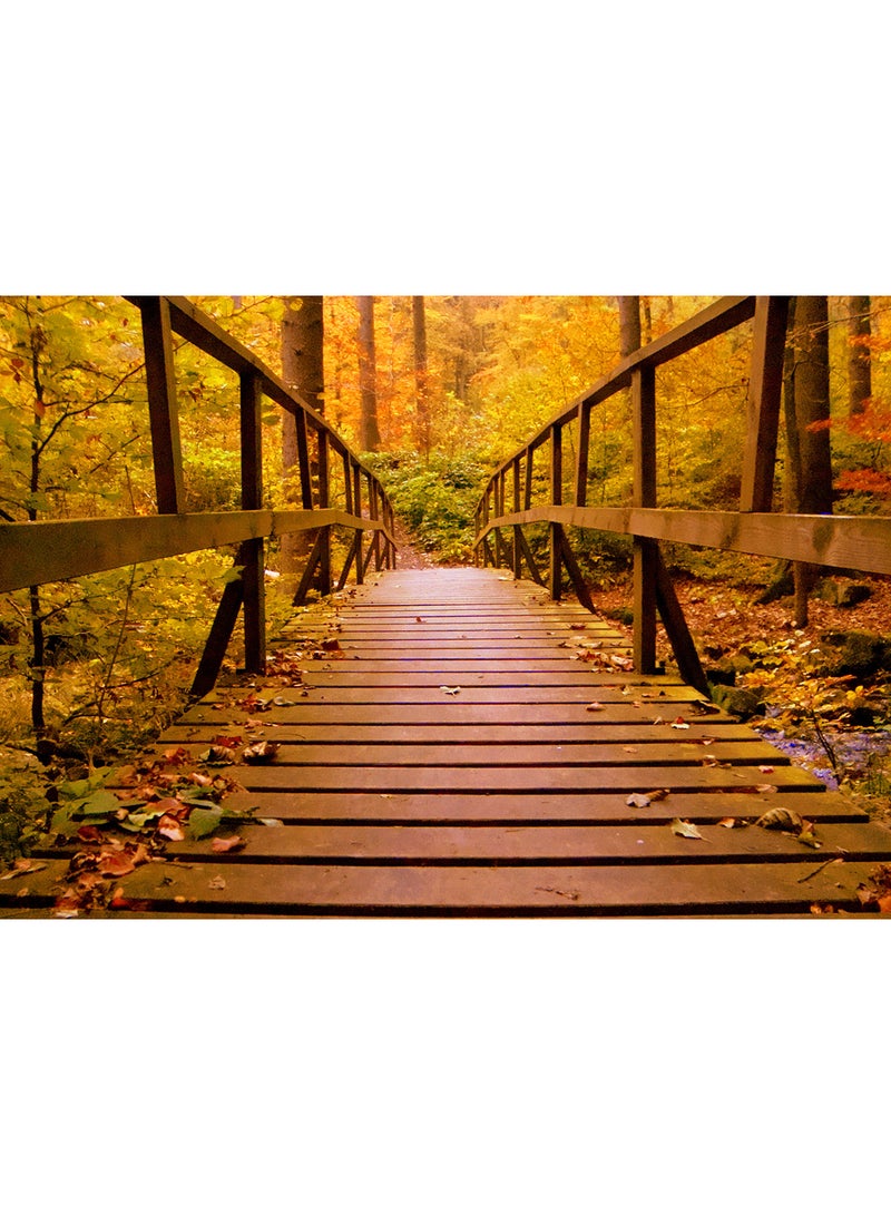 Wooden Bridge Forest Autumn Leaves Wall Art Canvas Print Multicolour 100x70x3.5cm