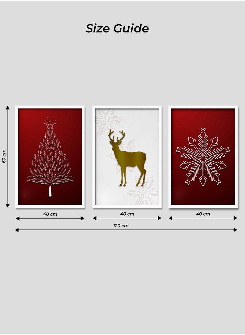 Set of 3 Printed Christmas Themed Artwork with Wooden Frame and Glass – Wall Mount Friendly, Includes Hooks and Screws, Available in Sizes: 60x40, 20x30. (Two Colours: Red and Gold)