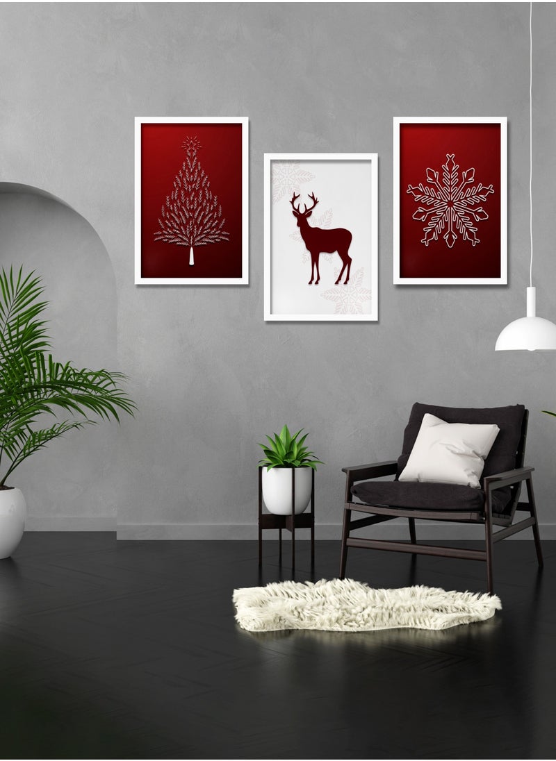 Set of 3 Printed Christmas Themed Artwork with Wooden Frame and Glass – Wall Mount Friendly, Includes Hooks and Screws, Available in Sizes: 60x40, 20x30. (Two Colours: Red and Gold)