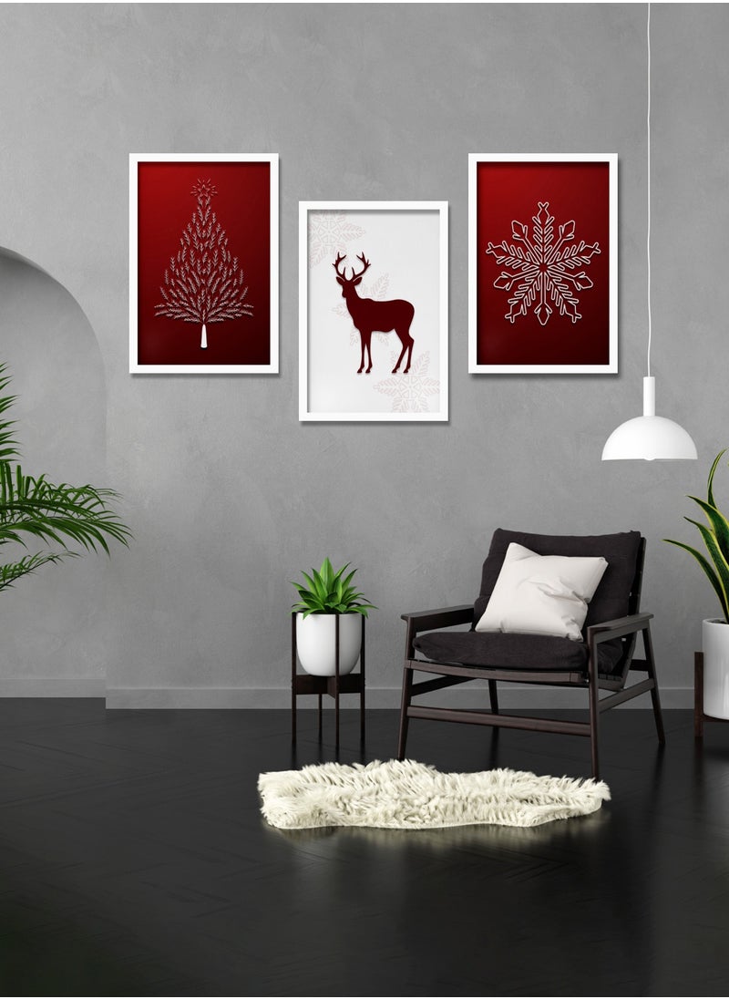 Set of 3 Printed Christmas Themed Artwork with Wooden Frame and Glass – Wall Mount Friendly, Includes Hooks and Screws, Available in Sizes: 60x40, 20x30. (Two Colours: Red and Gold)