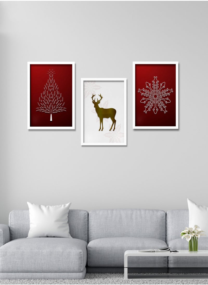 Set of 3 Printed Christmas Themed Artwork with Wooden Frame and Glass – Wall Mount Friendly, Includes Hooks and Screws, Available in Sizes: 60x40, 20x30. (Two Colours: Red and Gold)