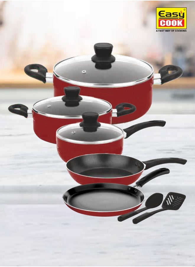 10 Pcs Non Stick Smart Cookware Set | Non Stick Forged Aluminum Body Tempered Glass Lid With Wide Stainless Steel, Maroon