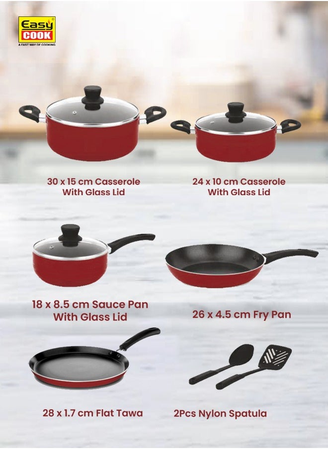 10 Pcs Non Stick Smart Cookware Set | Non Stick Forged Aluminum Body Tempered Glass Lid With Wide Stainless Steel, Maroon