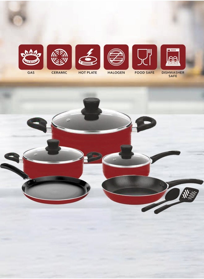 10 Pcs Non Stick Smart Cookware Set | Non Stick Forged Aluminum Body Tempered Glass Lid With Wide Stainless Steel, Maroon