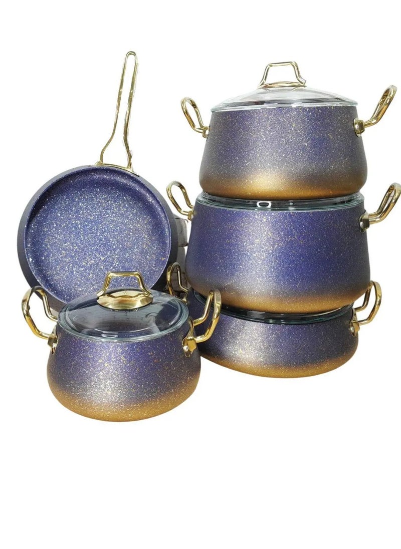 OMS 3042 INDUCTION 9PCS GRANITE COOKWARE SET  20 ,24 , 28 Cm Cooking pot, with 28 Cm Frypan , Made int Turkey , Blue Color