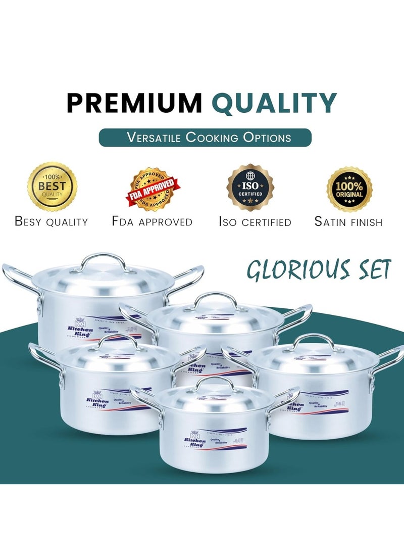 Kitchen King Glorious 10 Pcs Pot Set, Durable Metal Finish, FDA Approved, Efficient Heat Distribution, Sturdy Handle, Stain Finish