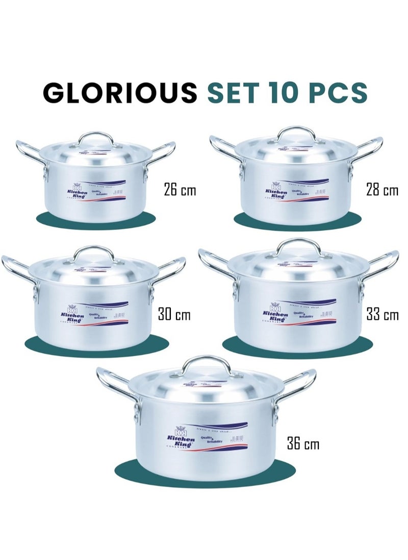 Kitchen King Glorious 10 Pcs Pot Set, Durable Metal Finish, FDA Approved, Efficient Heat Distribution, Sturdy Handle, Stain Finish