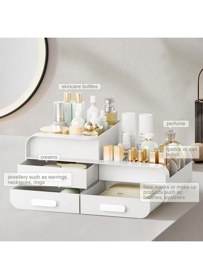 Makeup Organiser Cosmetic Storage Box, Make Up Organizer Dressing Table Plastic Cosmetics Holder With Drawer (White)